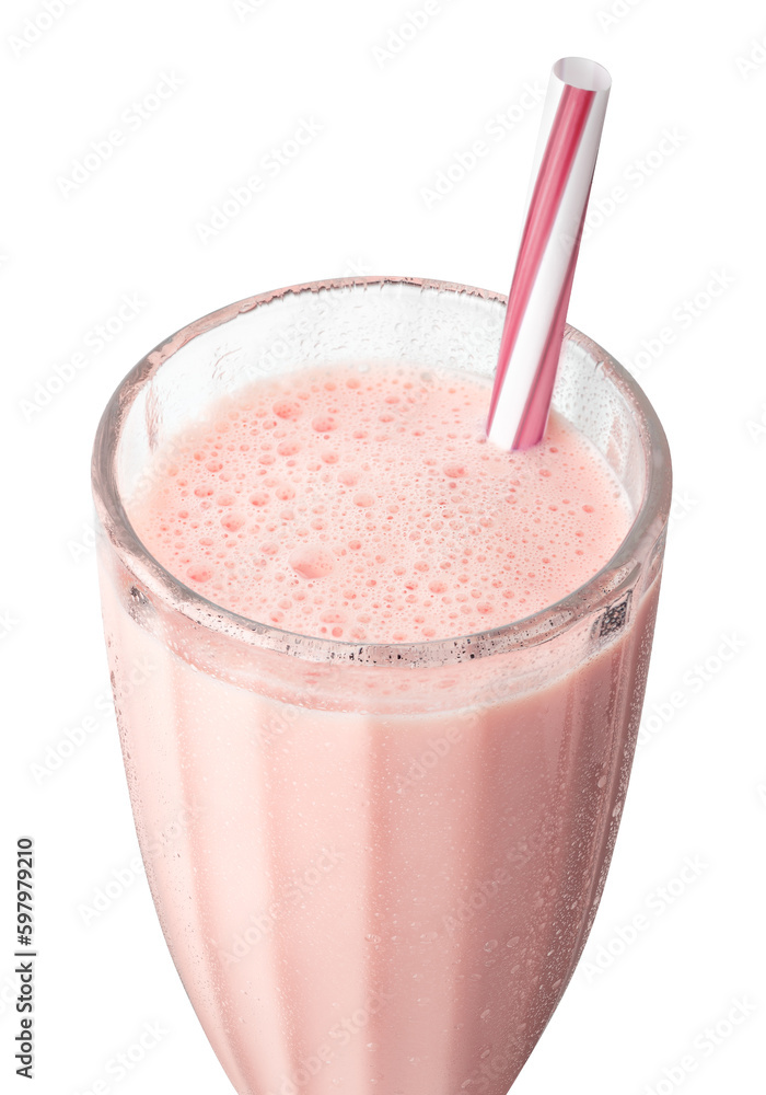 closeup of cold strawberry milkshake in glass with straw isolated on white closeup of cold strawberry milkshake in glass with straw isolated on white
