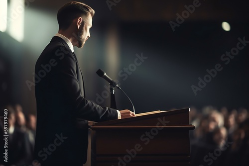 Male speaker presenter on the stage speaking to audiences. Confident successful man on the stage. Generative AI
