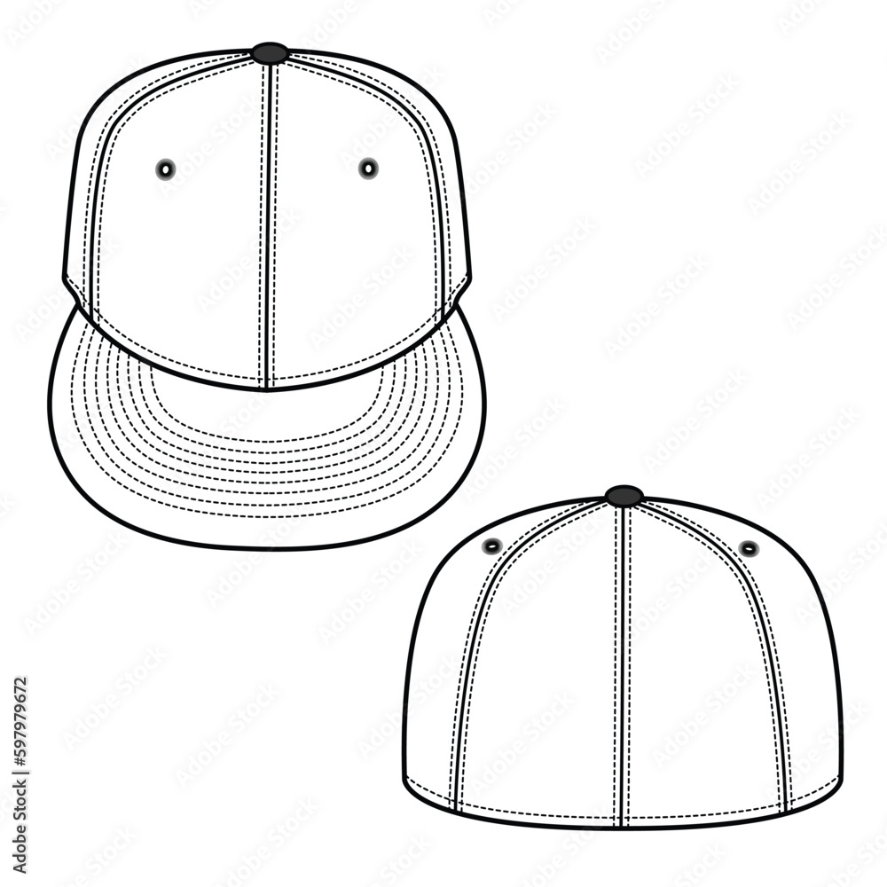 Snapback Cap Front and Back View Technical Flat Drawing Vector ...