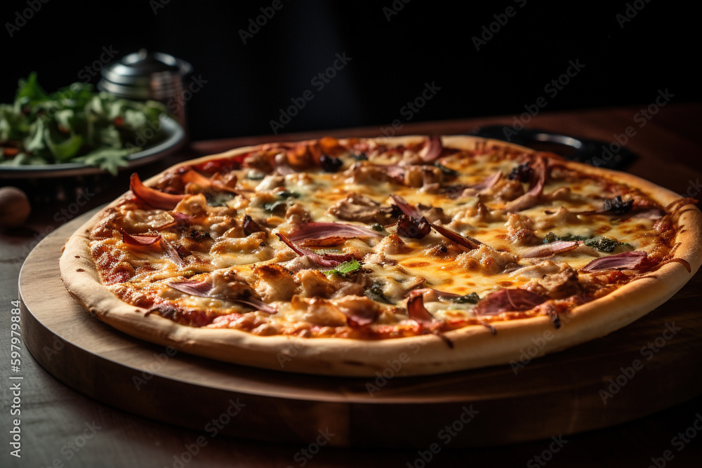 Delicious pizza on a table , dark background. Created using Generative AI technology.