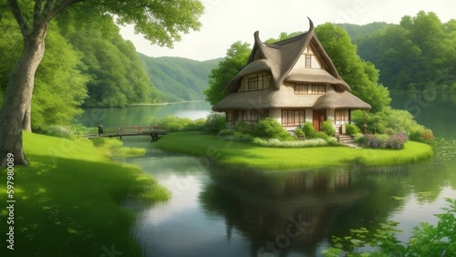 Create a stunning image of a house nestled in a lush, green landscape by a tranquil lake. The house should have a charming, rustic appearance with a thatched roof and a stone chimney. A winding dirt t