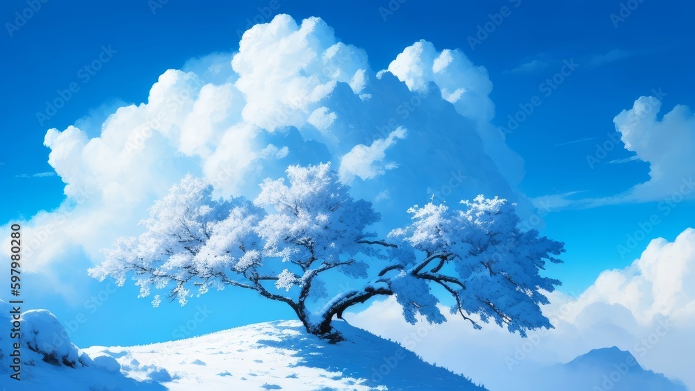 Tree covered in snow, painting bordered by clouds shapes on the edges of the painting, cloudshole, at the top of a mountain, clear blue sky, digital art painting trending on artstation, in the style o