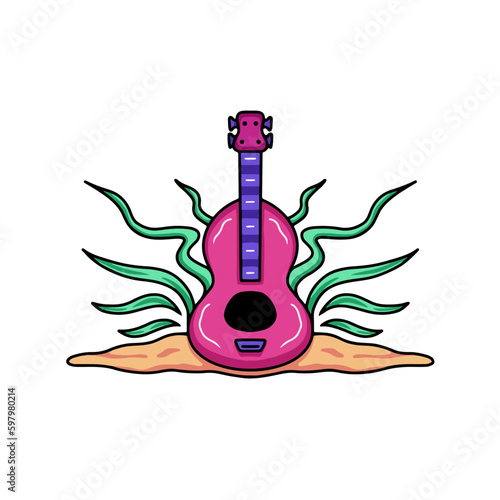 vector music design with guitar and relaxing leaf ornaments