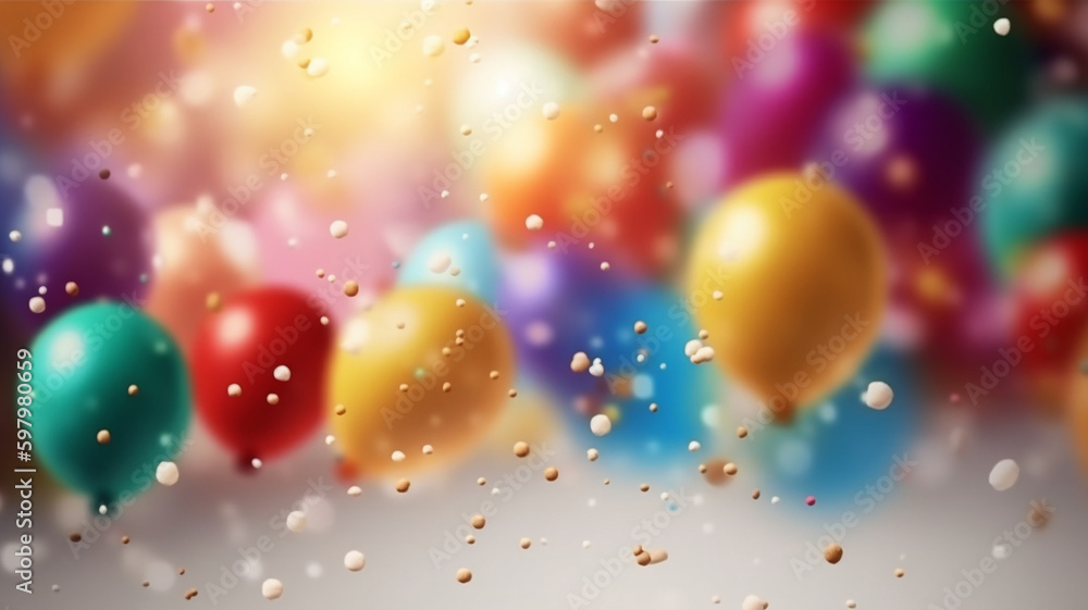 A happy illustration of Party, colorful balloons and confetti, abstract party creations. New Years Eve Celebrating, Blurry background, template, Bokeh, Generative AI