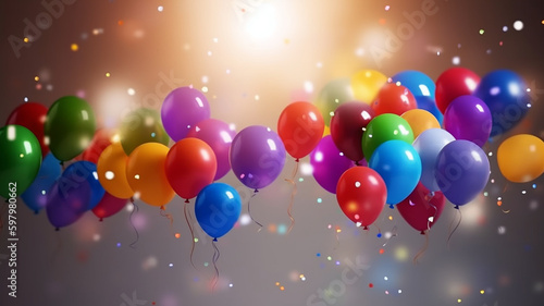 A happy illustration of Party, colorful balloons and confetti, abstract party creations. New Years Eve Celebrating, Blurry background, template, Bokeh, Generative AI