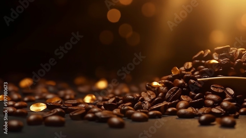 Coffee beans with golden dust, abstract love creations. Blurry background, template, Bokeh, Generative AI