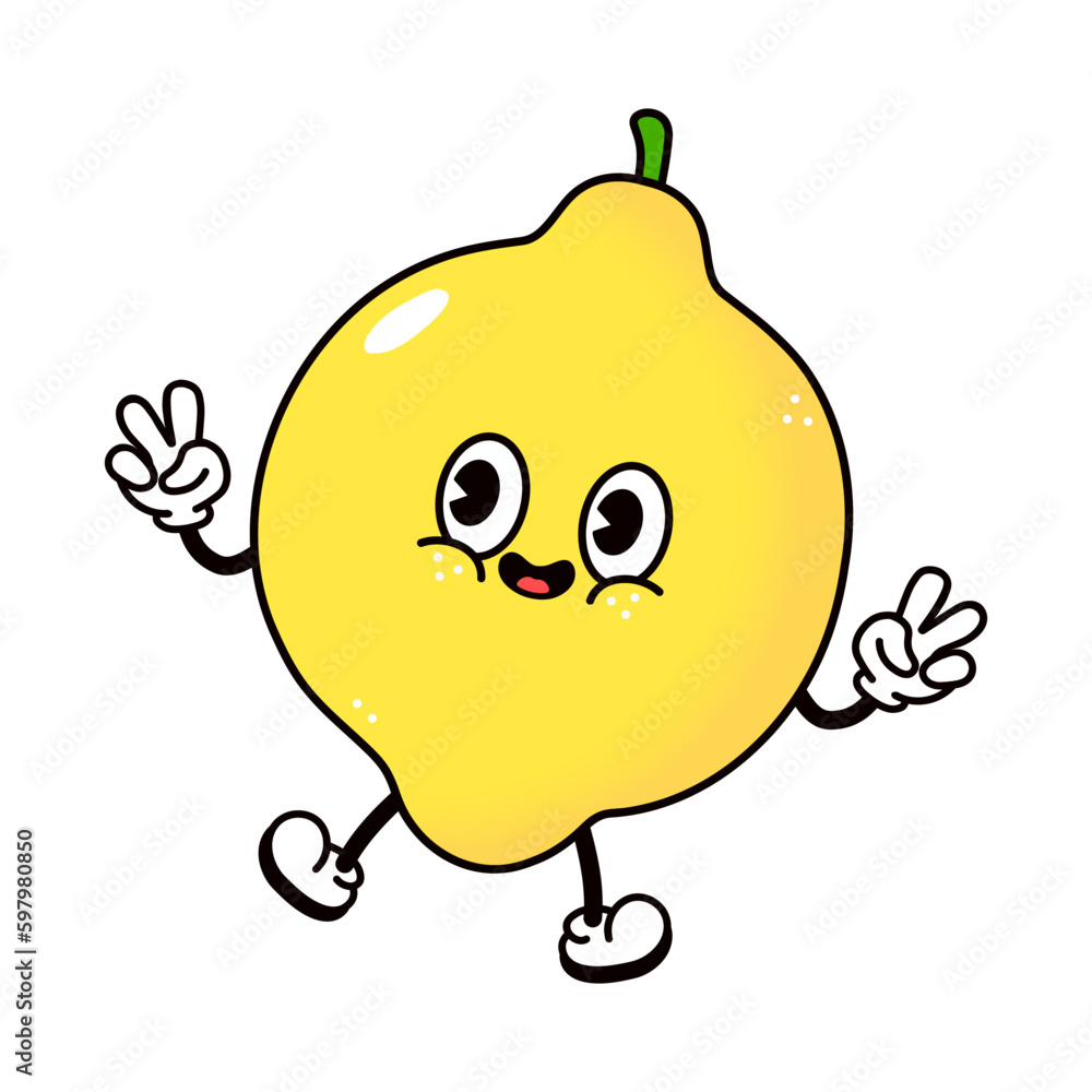 Cute funny jumping Lemon character. Vector hand drawn traditional cartoon vintage, retro, kawaii character illustration icon. Isolated on white background. Lemon jump character concept Cute funny jumping Lemon character. Vector hand drawn traditional cartoon vintage, retro, kawaii character illustration icon. Isolated on white background. Lemon jump character concept