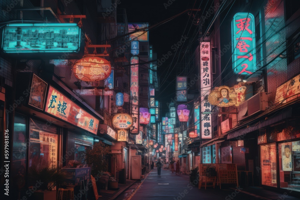 Tokyo Cyberpunk Street Scene, Vintage Tokyo Cyberpunk Poster Retro Design