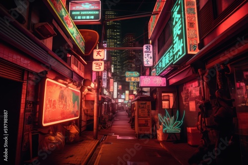Tokyo Cyberpunk Street Scene, Vintage Tokyo Cyberpunk Poster Retro Design © Layerform