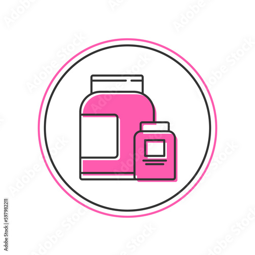 Filled outline Sports nutrition bodybuilding proteine power drink and food icon isolated on white background. Vector