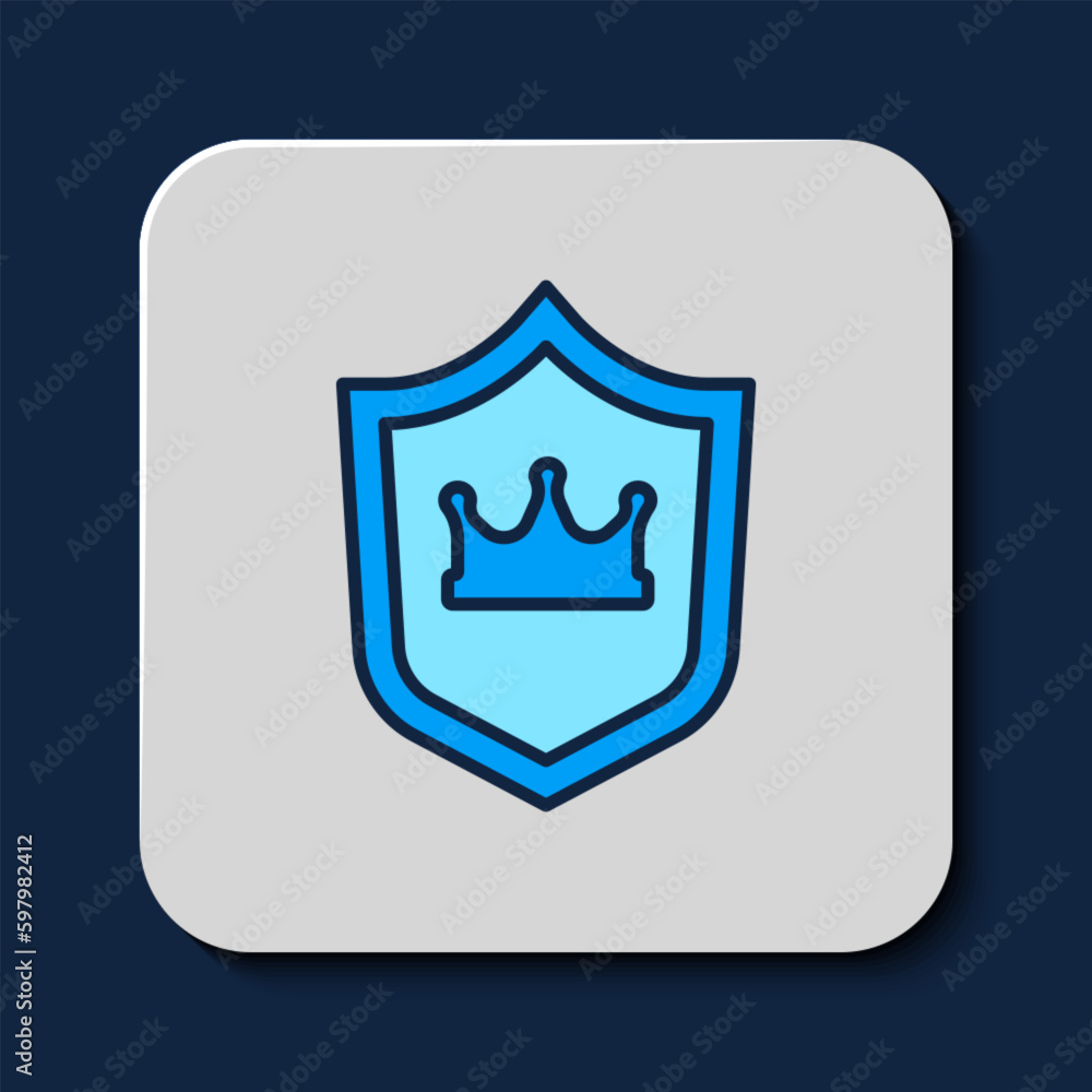 Filled outline Shield with crown icon isolated on blue background. Vector Filled outline Shield with crown icon isolated on blue background. Vector