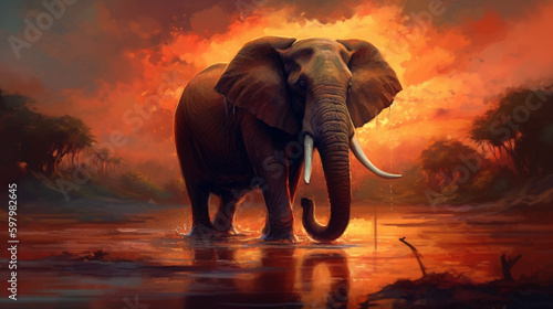 An elephant in the water at sunset. Generated AI