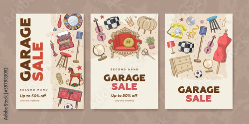 Vector set of garage promotional sale vertical web banner, poster or flyer with hand drawn vintage furniture and interior design elements. Garage sale concept illustration