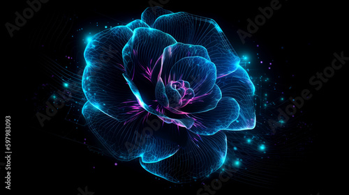 Futuristic neon rose on black background, virtual metaverse technology world, fantasy, sci-fi, generative AI.
