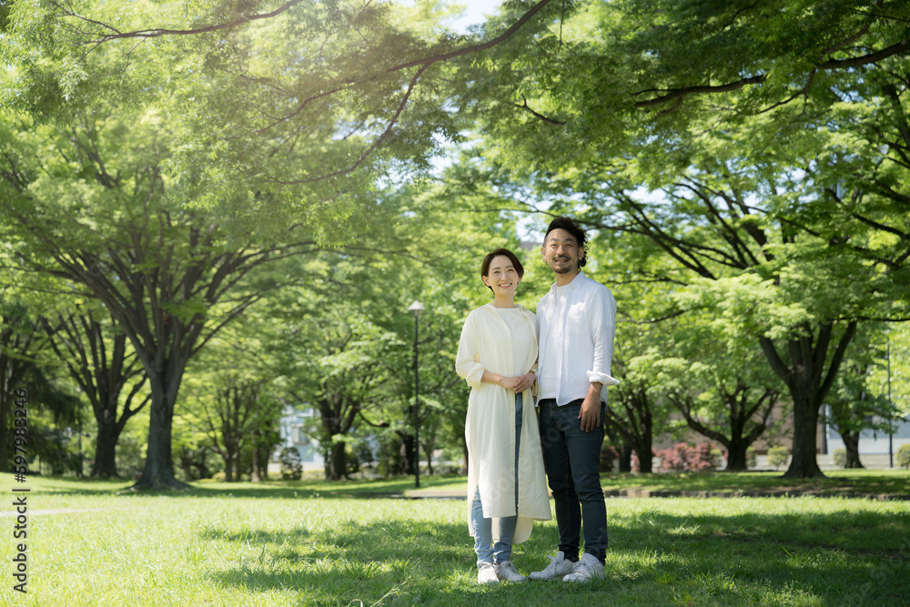 Image of happy couple or married couple Man with beard and beautiful woman Wide angle Image of happy couple or married couple Man with beard and beautiful woman Wide angle