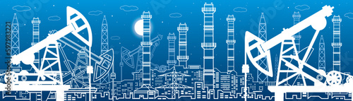 Power plant, petroleum industry. Outlines illustration. Urban night scene. Pipes and power. Factory Energy infrastructure. Vector design art
