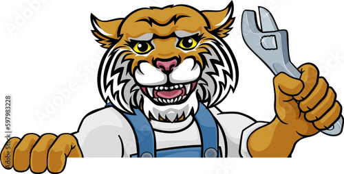 A wildcat cartoon animal mascot plumber, mechanic or handyman builder construction maintenance contractor peeking around a sign holding a spanner or wrench