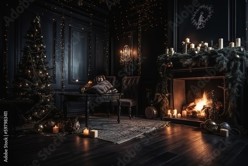luxury interior xmas glowing tree  fireplace  generative AI