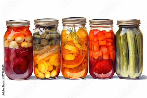 jars of canned vegetables on a white background, watercolor - AI