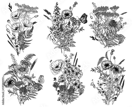 Vector set of 6 bouquets of wild flowers and plants. Chamomile, clover, chicory, poppy, cornflower, bells, periwinkle, buttercup, St. John's wort, fern, veronica, butterflies, bees in engraving style
