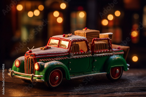 Gingerbread vintage car Christmas illustration. Generative AI