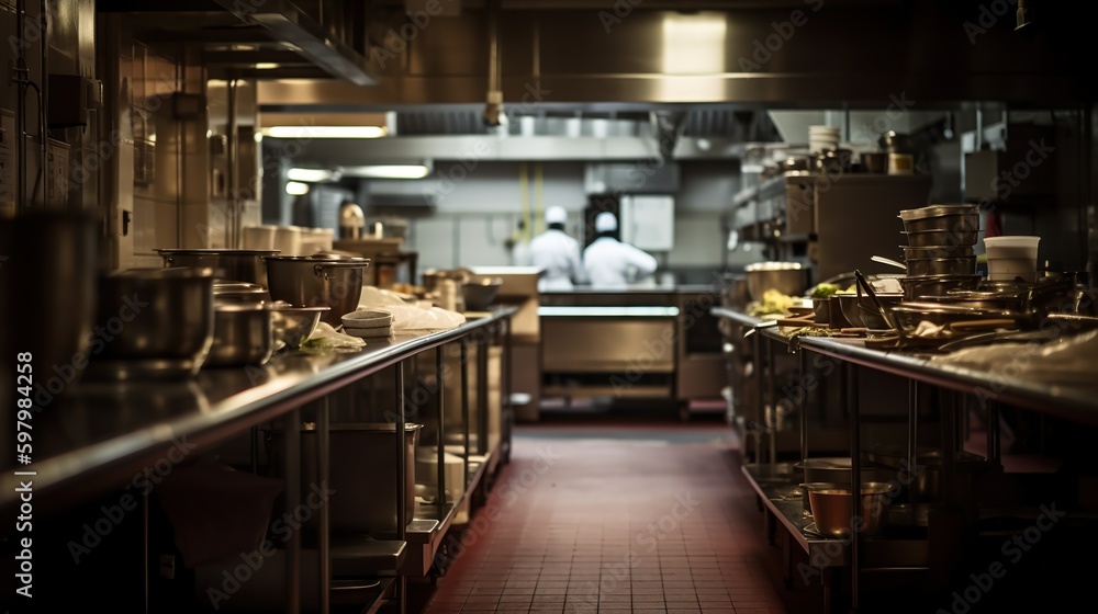 Illustration of modern professional kitchen with cooks preparing food. Spacious indoor background with copy space. AI generative image. Illustration of modern professional kitchen with cooks preparing food. Spacious indoor background with copy space. AI generative image.