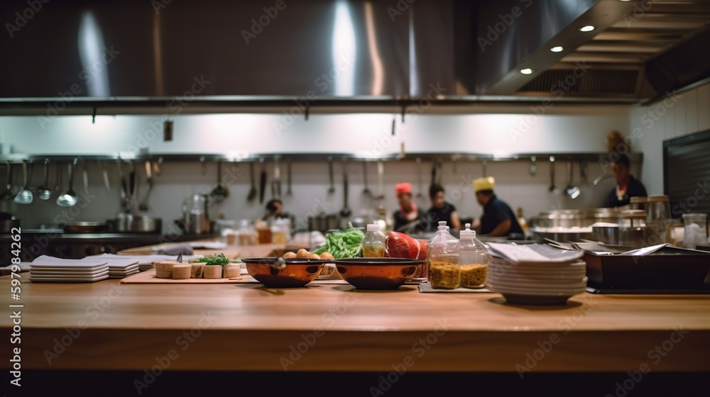 Illustration of modern professional kitchen with cooks preparing food. Spacious indoor background with copy space. AI generative image.