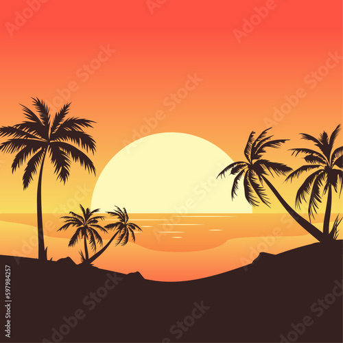 beach background with sunset and palm trees  summer background