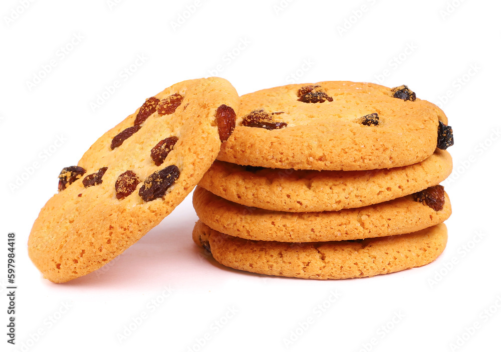 Round cookies with raisins on white background Round cookies with raisins on white background
