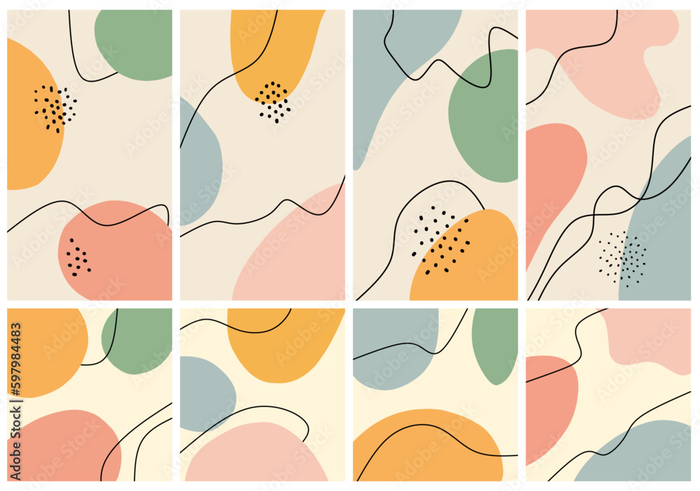 Set of eight abstract backgrounds. Hand drawn various shapes and doodle objects. Contemporary modern trendy vector illustration. Every background is isolated. Pastel colors