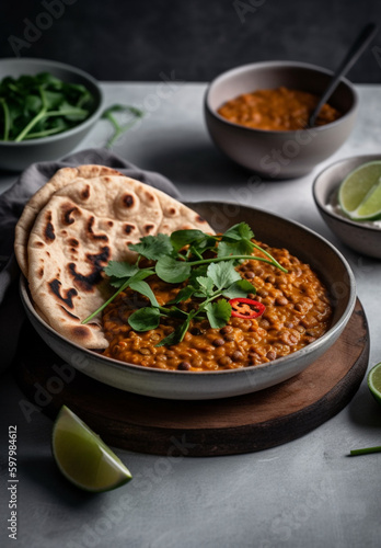 delicious red lentil dahl with thin crispy indian naan, generative ai