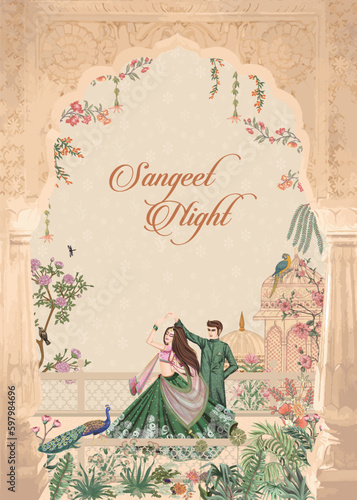 Wedding invitation card. sangeet night invitation card design for printing vector.