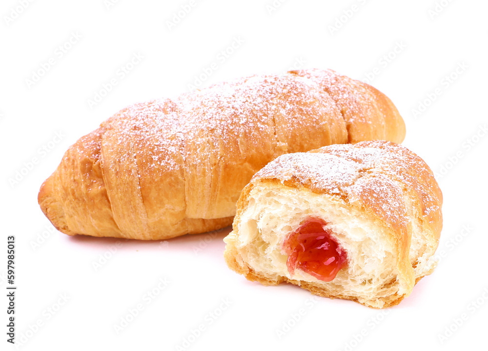 Croissant with strawberry jam on white background