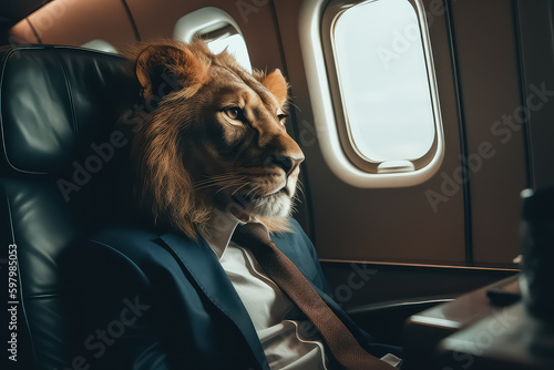 Lion businessman flies in an airplane on a private flight, AI