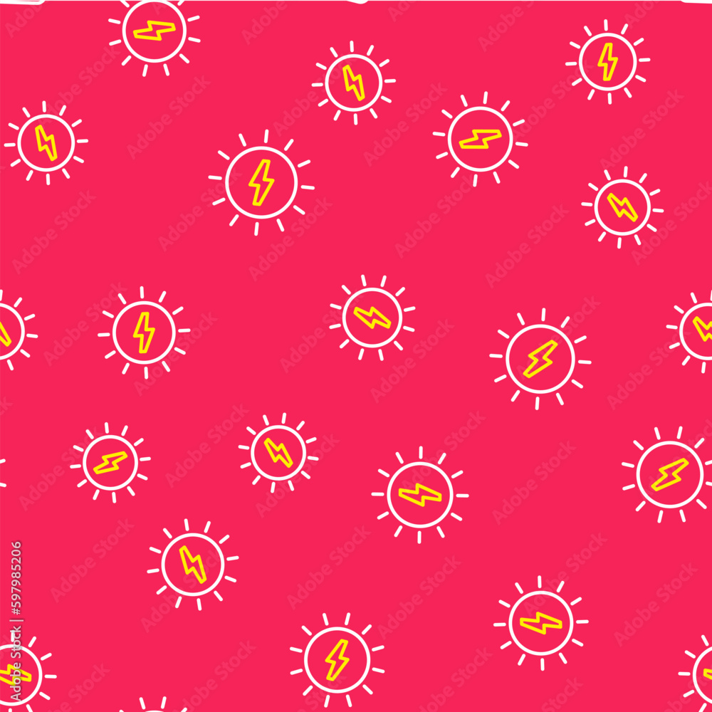 Line Solar energy panel icon isolated seamless pattern on red background. Sun with lightning symbol. Vector Line Solar energy panel icon isolated seamless pattern on red background. Sun with lightning symbol. Vector
