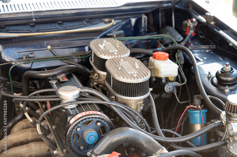 Detail of the engine of a european muscle car