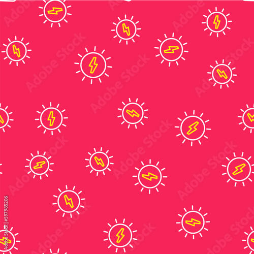 Line Solar energy panel icon isolated seamless pattern on red background. Sun with lightning symbol. Vector