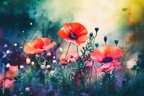 poppies in the field, watercolor-ai