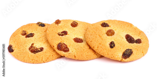Round cookies with raisins on white background