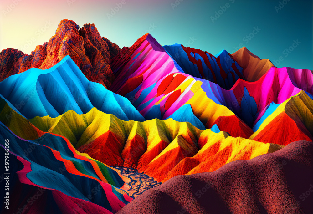 Fantasy rainbow mountains and rocks. AI Generated