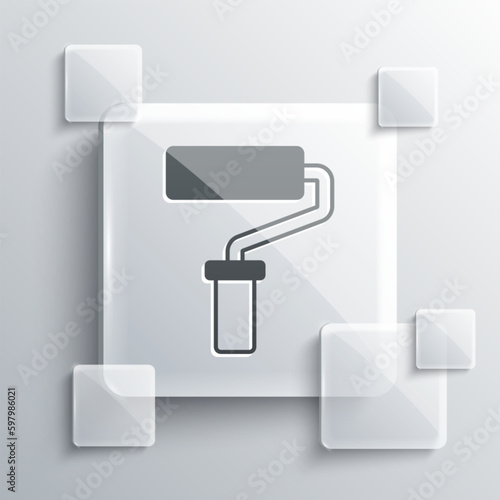 Grey Paint roller brush icon isolated on grey background. Square glass panels. Vector