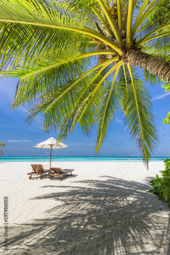 Summer beach landscape. Couple traveling, blue sunny sea sky, white sand palm trees, exotic shore. Honeymoon vacation, together chairs umbrella. Tropical freedom island, paradise leisure lifestyle