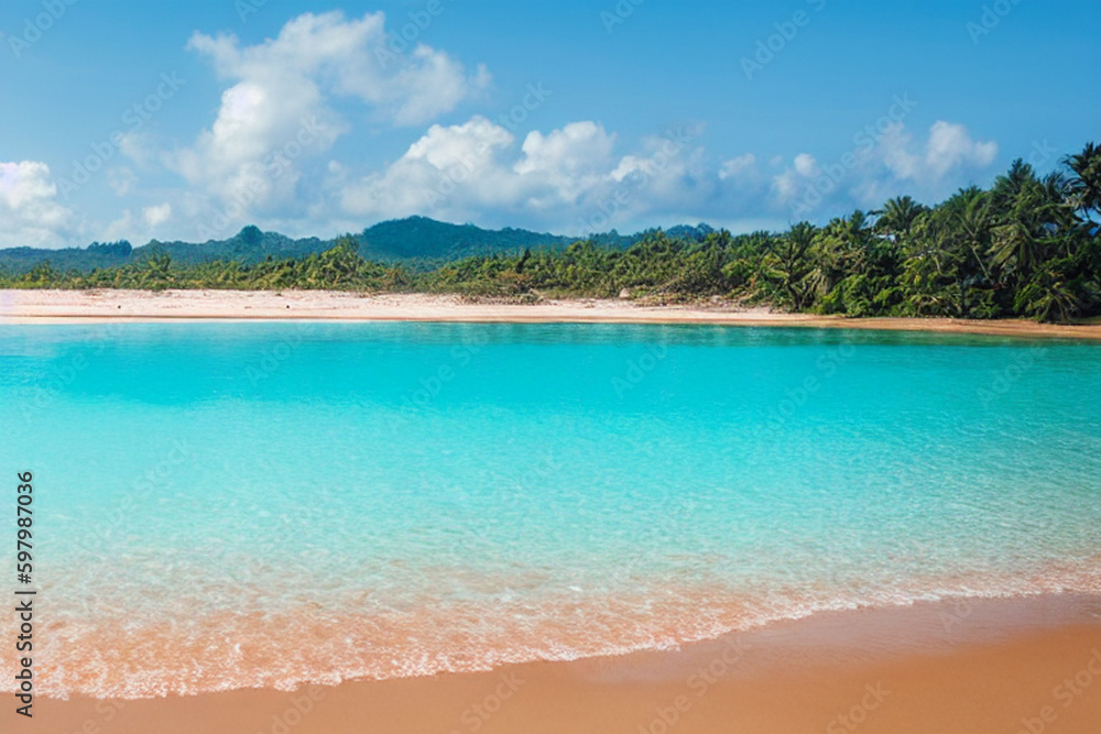 A beach with a red sand beach and a blue ocean in the background A beach with a red sand beach and a blue ocean in the background