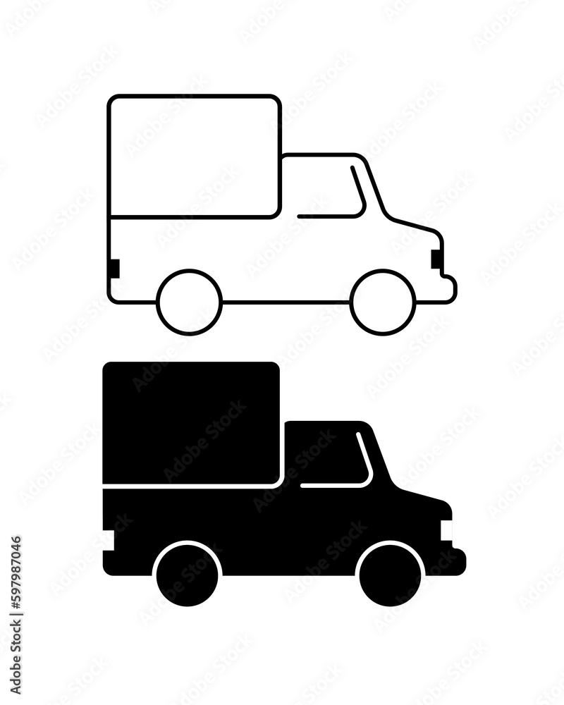 Delivery truck icon vector illustration with black and white color isolated in white background. Flat vector illustration. Delivery truck symbol for web design, templates, infographics, and more. Delivery truck icon vector illustration with black and white color isolated in white background. Flat vector illustration. Delivery truck symbol for web design, templates, infographics, and more.