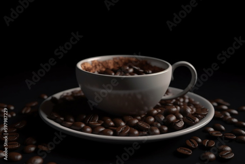 Top view of coffee beans and a cup of coffee on a dark background , Generative AI 