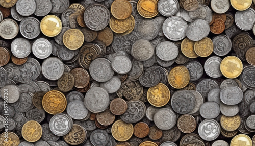 Real seamless background from a pile of different coins. Generative AI