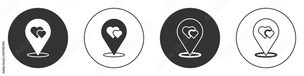 Black Map pointer with heart icon isolated on white background. Valentines day. Love location. Romantic map pin. Circle button. Vector Black Map pointer with heart icon isolated on white background. Valentines day. Love location. Romantic map pin. Circle button. Vector