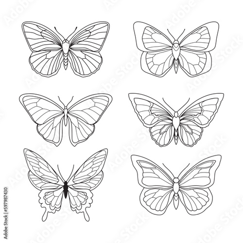 Set of simple hand drawn butterflies. Minimalistic tattoo of single line butterfly.