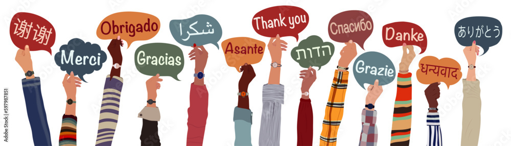 Raised arms and hands of multicultural people from different nations and continents holding speech bubbles with text -thank you- in various international languages.Communication.Equality - obrazy, fototapety, plakaty 