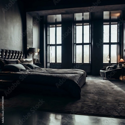 Chic loft with dark, sophisticated bedroom. Large windows, gray walls, king-size bed, loft-style design. AI Generated Image.